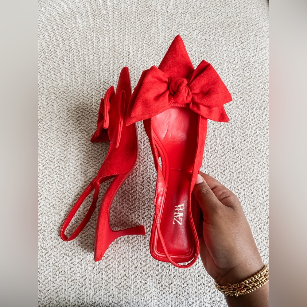ZARA Red Bow Heel Point Toe Heels